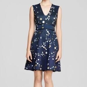 Cynthia Rowley Navy Blue Polka Dot A Line V Neck Neoprene Mini Dress 10